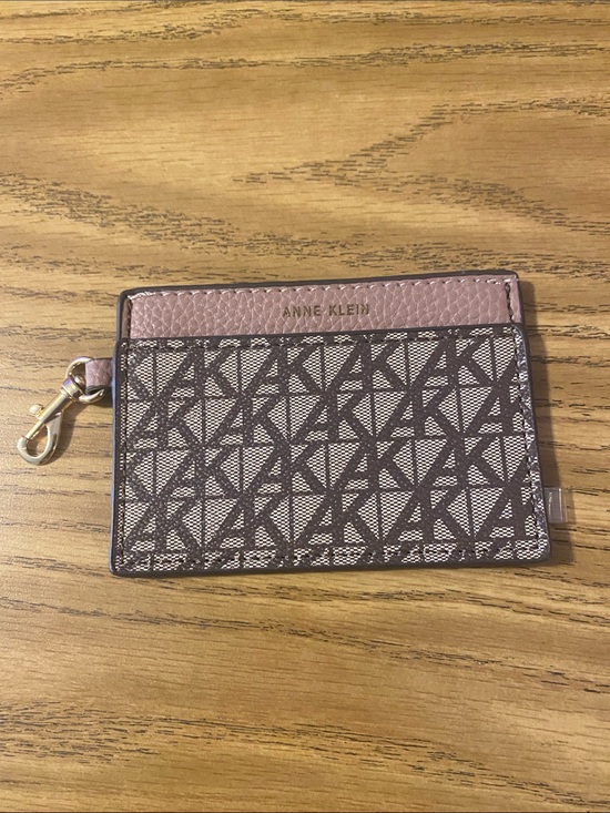 Anne Klein Accessories - Anne Klein Pink Trim Brown Monogram Card Holder with Snap Hook